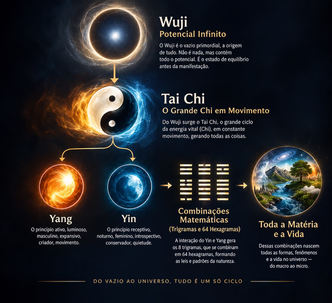 Infográfico: O Grande Chi — Da Origem no Wuji à Manifestação da Vida e Matéria através de Yin e Yang